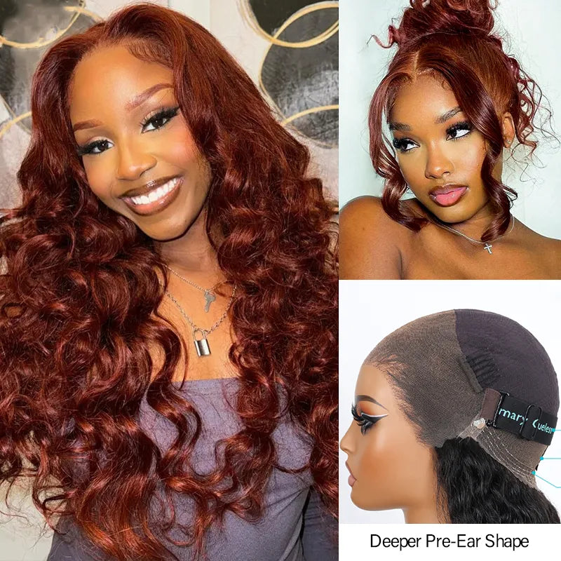 Upgrade Reddish Brown 3D Body Wave Invisi Strap Laid Flat 360 Skin Lace Frontal Pre-Bleached Knots Put On & Go Wig