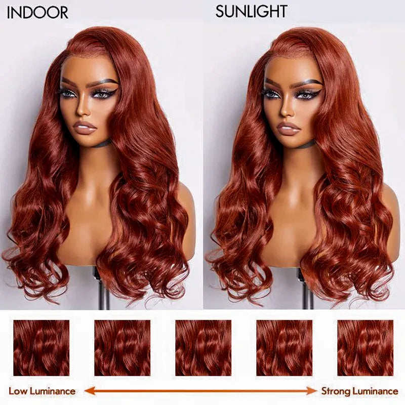 Upgrade Reddish Brown 3D Body Wave Invisi Strap Laid Flat 360 Skin Lace Frontal Pre-Bleached Knots Put On & Go Wig