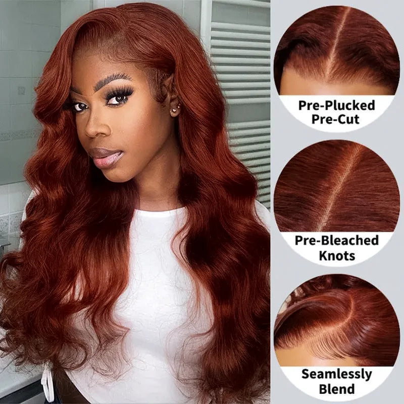 Upgrade Reddish Brown 3D Body Wave Invisi Strap Laid Flat 360 Skin Lace Frontal Pre-Bleached Knots Put On & Go Wig