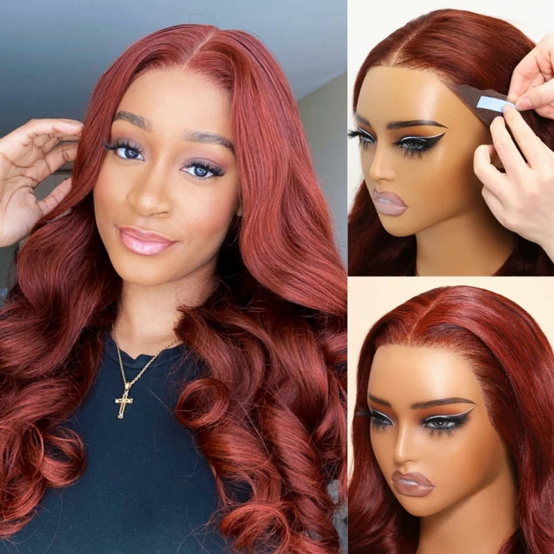 Upgrade Reddish Brown 3D Body Wave Invisi Strap Laid Flat 360 Skin Lace Frontal Pre-Bleached Knots Put On & Go Wig
