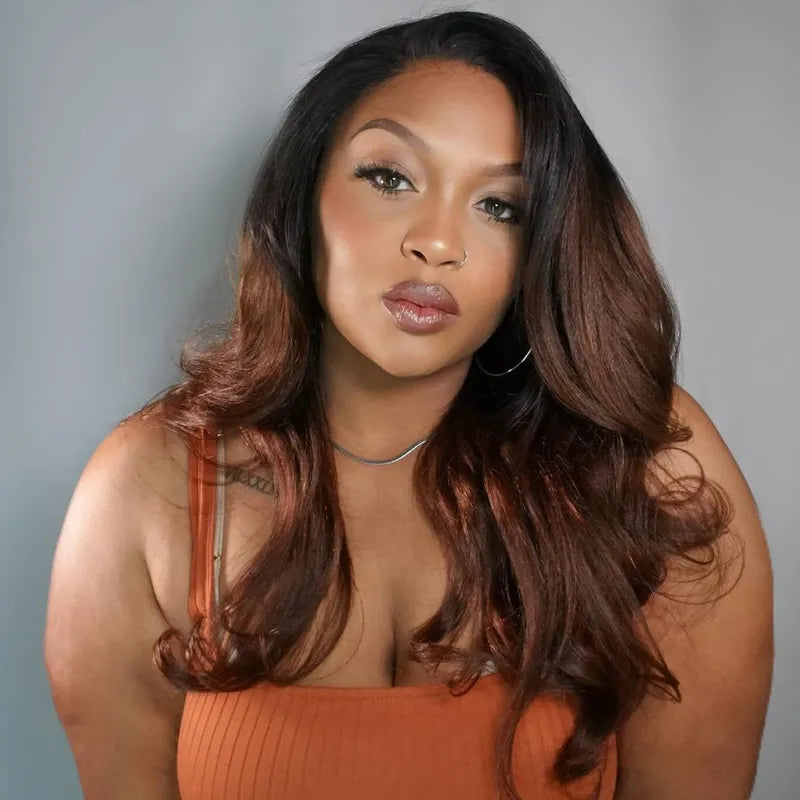 Yaki Body Black Brown Ombre Invisi Strap 360 Skin Lace Frontal Glueless Lay Flat Human Hair Wig