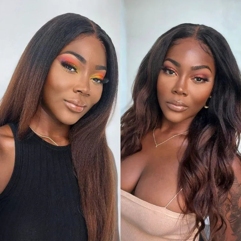 Yaki Body Black Brown Ombre Invisi Strap 360 Skin Lace Frontal Glueless Lay Flat Human Hair Wig