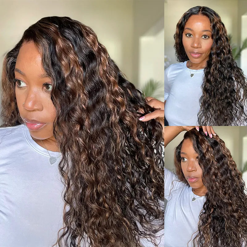 Water Wave 360 Lace Frontal Wig with Invisi Strap Brown Balayage Highlight Adjustable Fit Pre-Bleached and Pre-Cut Skin Lace