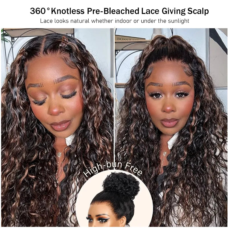 Water Wave 360 Lace Frontal Wig with Invisi Strap Brown Balayage Highlight Adjustable Fit Pre-Bleached and Pre-Cut Skin Lace