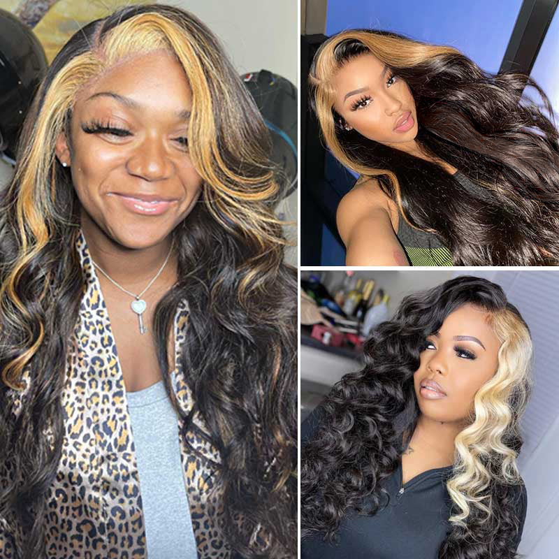 Blonde Skunk Stripe Hair Body Wave 13*4 Lace Frontal Wigs Brazilian Human Hair Natural Color