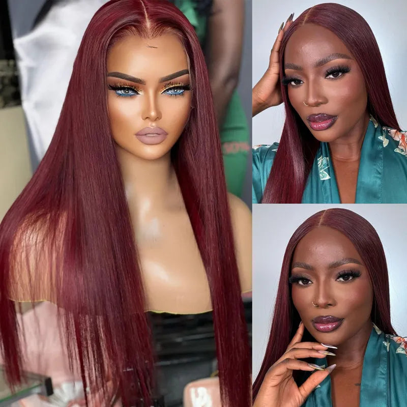 Dark 99J Burgundy Straight 4x4 5x5 6x6 Glueless Lace Closure Wig 100% Human Hair