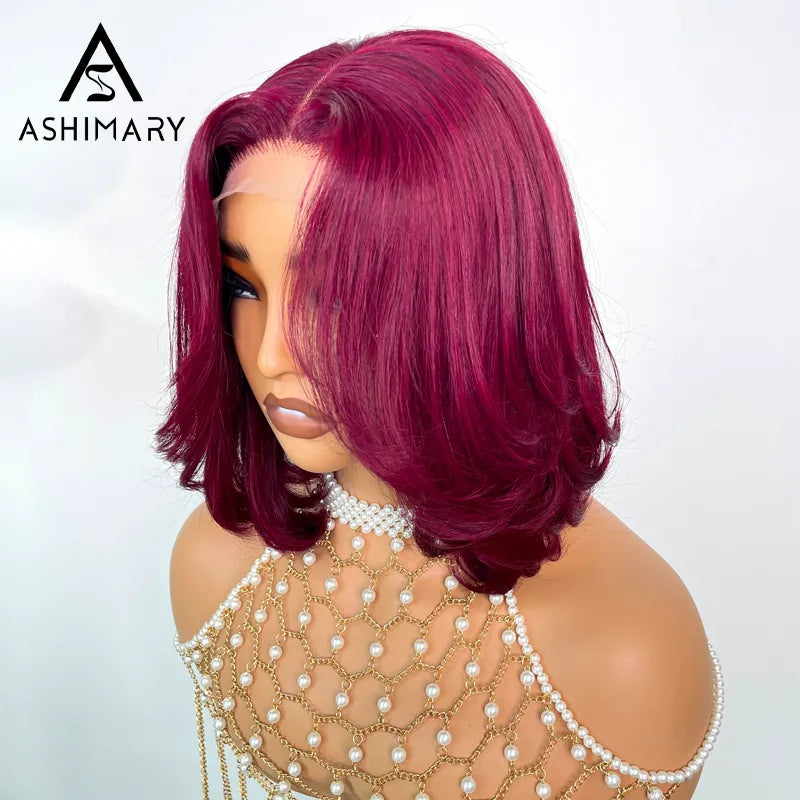 99J Burgundy Face Framing Blow Out Layers Cut Shoulder Length 4x4 Lace Frontal Straight Bob Wig Human Hair