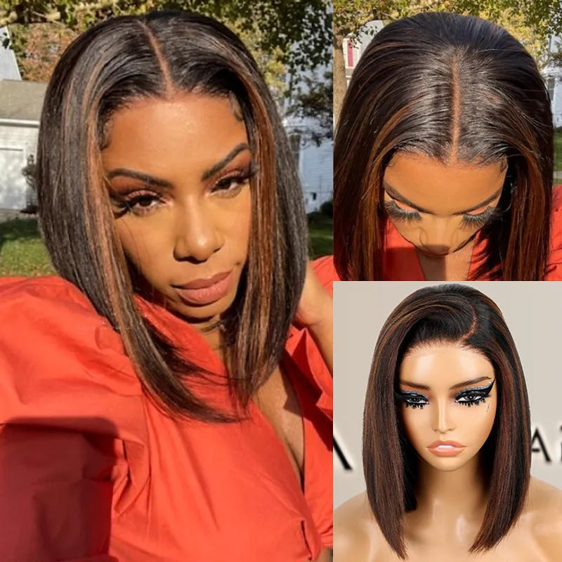 Highlight Yaki Straight Bob 13x4 Lace Frontal  Pre Everthing 6x4.5 / 4x4 Lace Clsoure Human Hair Wig