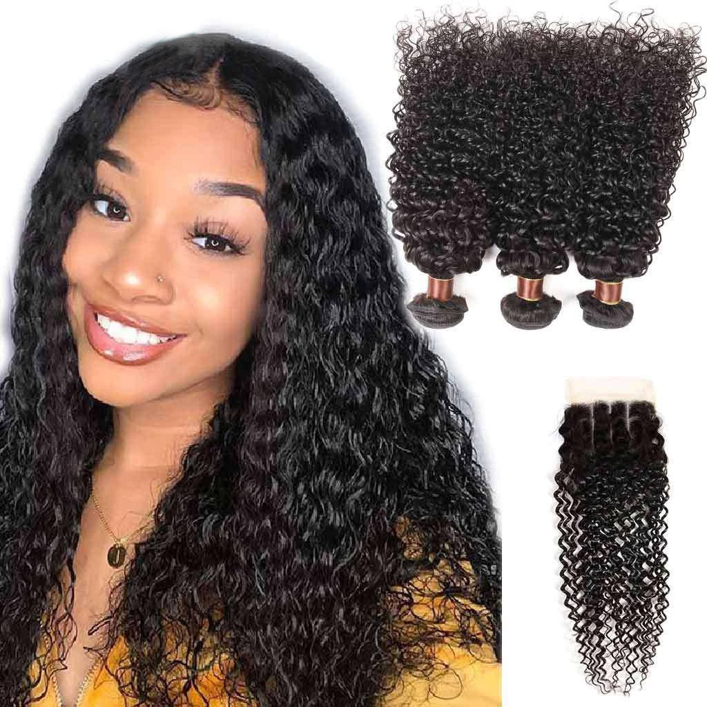 9A Jerry Curly 3 Bundles with Lace Closure Natural Color Purvian Virgin Hair