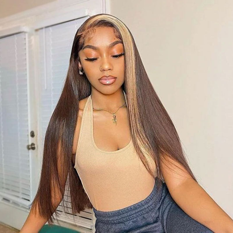 Trending Blonde Skunk Stripe with Colored Hair 13*4 Lace Frontal Wigs One Donor