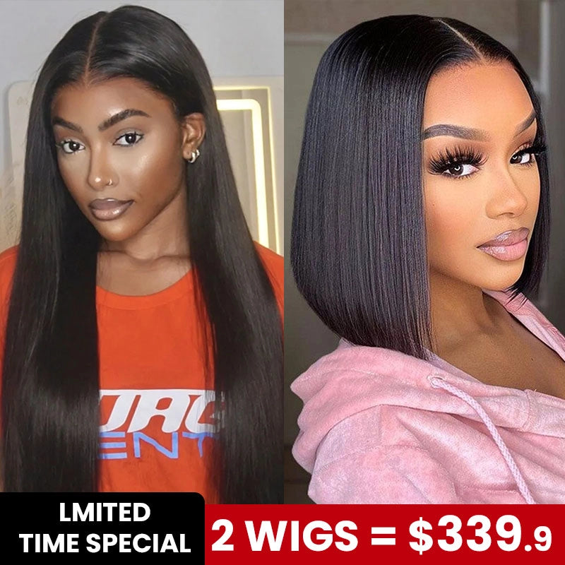 2 Wigs Set | 10x6 Lace Straight Wig with Pre-cut Lace + 4x4 Lace Transparent Straight Bob Wig with Pre-cut Lace