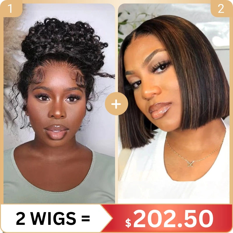 2 Wigs Set | Invisi strap 360 Lace Kinky Curly Wig with Pre-cut Lace + 4x4 Lace yaki straight highlight Bob wig With Pre-cut Lace