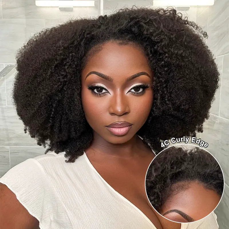 4C Curly Edge Afro Curly Flexible Fit Half Wig With Drawstring Natural Hairline Beginner Friendly