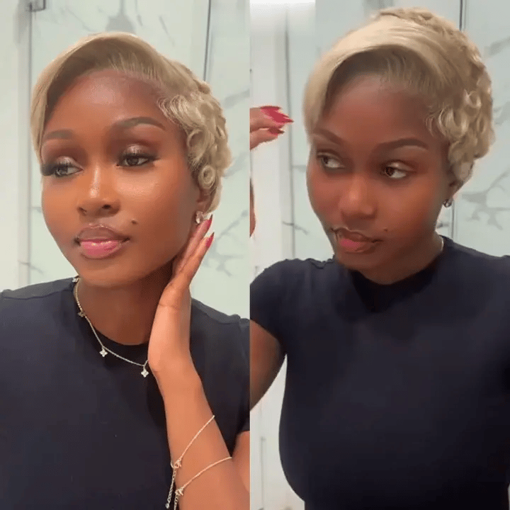 613 Blonde Pre-Styled Short Pixie Curly Bob Wig Transaprent Lace Frontal Human Hair wig
