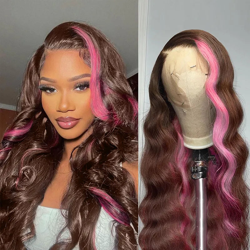 Trending Skunk Stripe on 4# Straight Hair Body Wave Hair 13x4 Lace Frontal Wigs One Donor