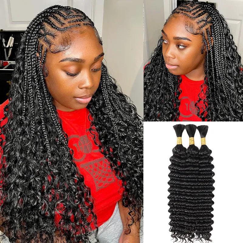 Ashimary Deep Wave Bulk Human Hair For Boho Knotless Braiding 3pcs/pack Natural Black