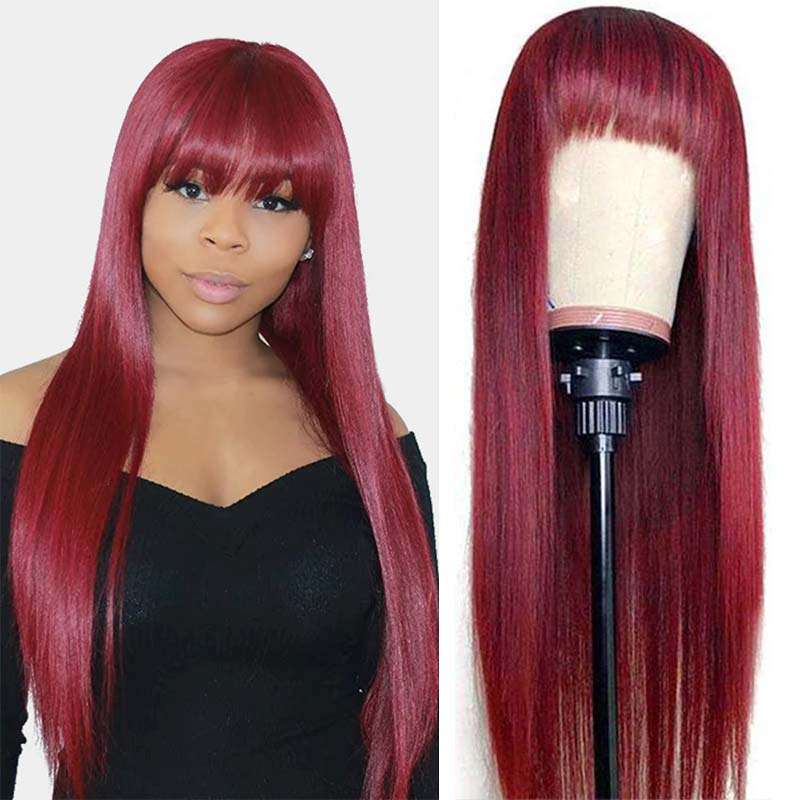 Ashimary Full Machine Made Wig Straight Virgin Hair Wigs With Bangs