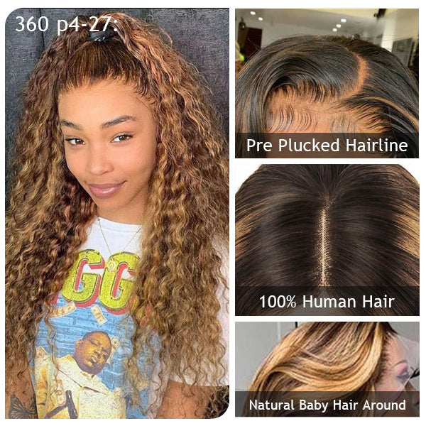 Extra 70% OFF| Highlight Water Wave Ombre Color Invisi Strap Snug Fit 360 Skin Lace Frontal Wig Glueless Human Hair