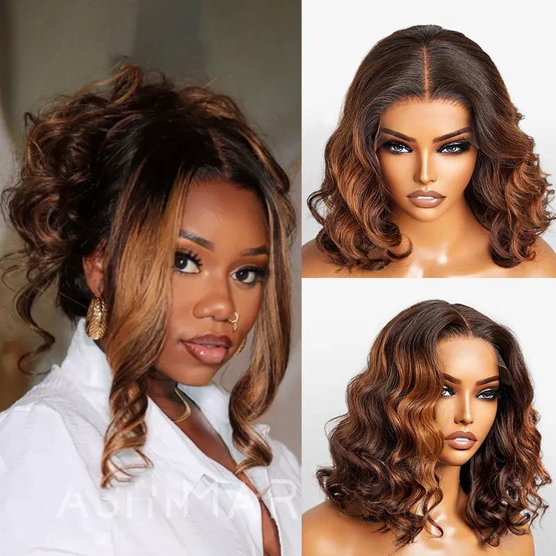 Extra 70% OFF| New Black Ombre Brown Highlight 3D Body Wave 360 Lace with Invisi Strap Pre Bleached & Plucked Wig