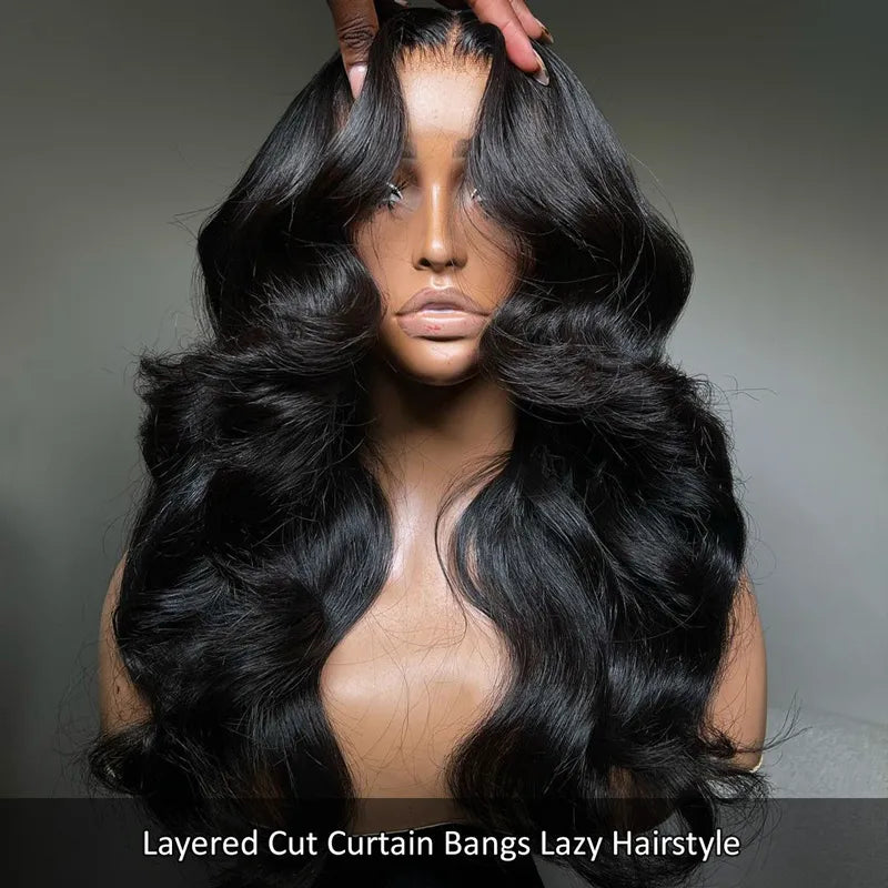 Flash Sale Face-Framing Curtain Bangs Body Wave Pre-Plucked HD Transparent Lace Wig Lazy Hairstyle Butterfly Cut Human Hair