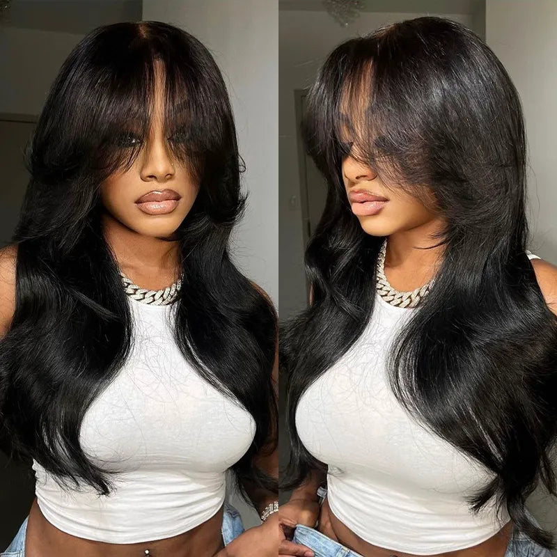 Flash Sale Face-Framing Curtain Bangs Body Wave Pre-Plucked HD Transparent Lace Wig Lazy Hairstyle Butterfly Cut Human Hair