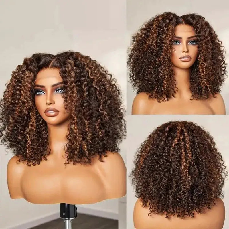 Ginger Highlight 6x4.5 Pull Go Lace Closure Bob Kinky Curly Double Drawn Human Hair Wig