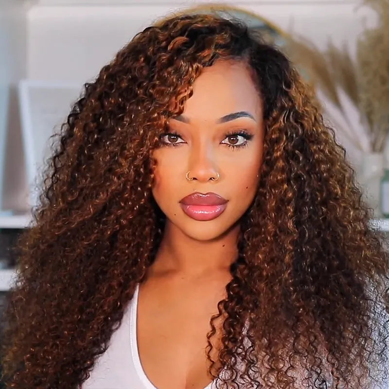 Ginger Highlight on Brown Hair Kinky Curly Half Wig Easy Pull Go Drawstring Glueless 3 in 1 Flip Over Wig