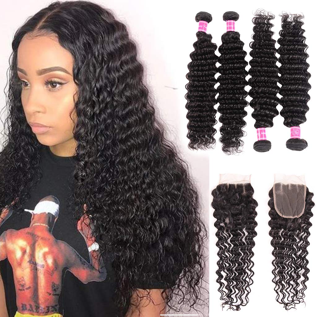 Luxurious Deep Wave 4 Bundles With Closure Natural Color