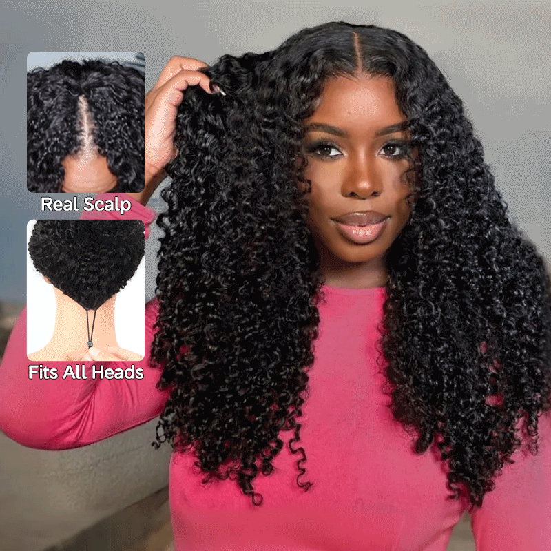 Pull Go Wig | 10A Glueless V Part Wig Beginner Friendly Natural Scalp Thick Curl Human Hair Upgrade U part Wig