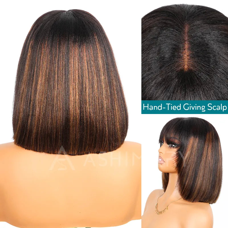 Put On and Go Black Brown Highlight Layered Cut Yaki Straight 3x1 Minimalist Lace Bob Wig With Bangs