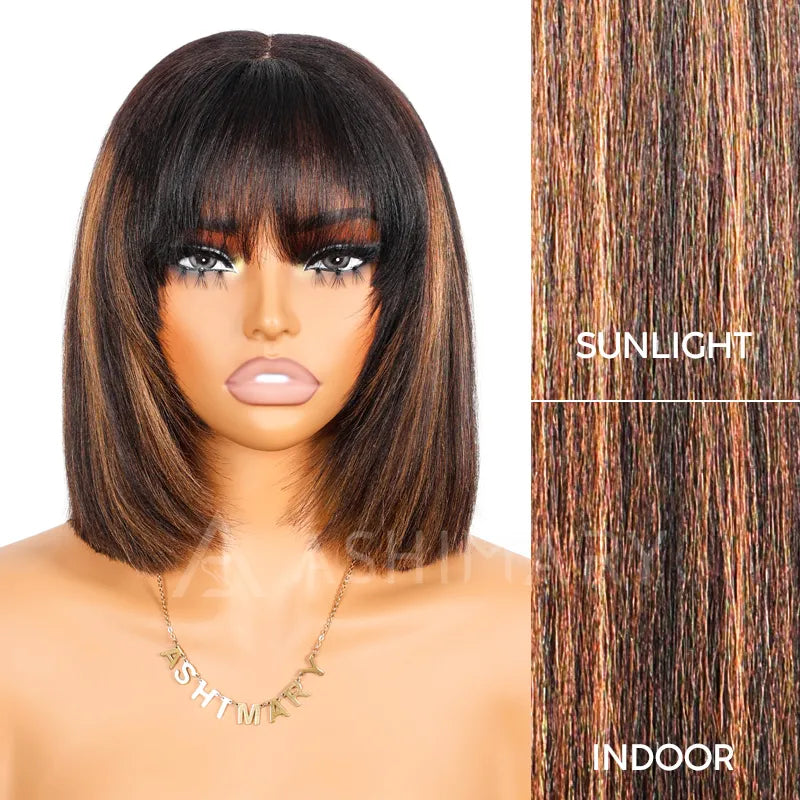 Put On and Go Black Brown Highlight Layered Cut Yaki Straight 3x1 Minimalist Lace Bob Wig With Bangs