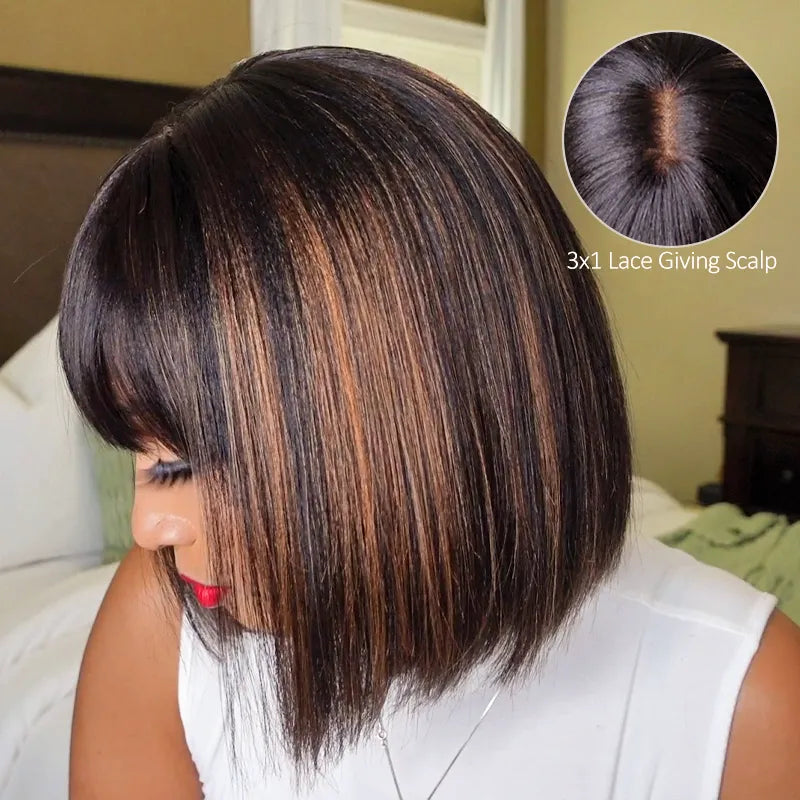 Put On and Go Black Brown Highlight Layered Cut Yaki Straight 3x1 Minimalist Lace Bob Wig With Bangs