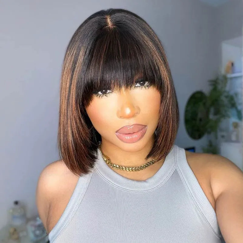 Put On and Go Black Brown Highlight Layered Cut Yaki Straight 3x1 Minimalist Lace Bob Wig With Bangs