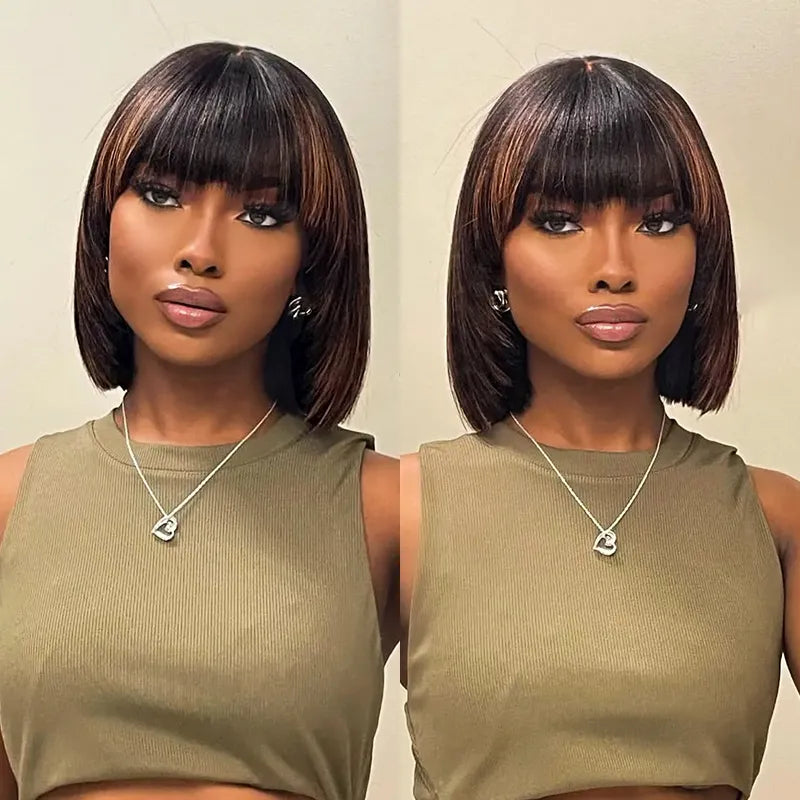 Put On and Go Black Brown Highlight Layered Cut Yaki Straight 3x1 Minimalist Lace Bob Wig With Bangs