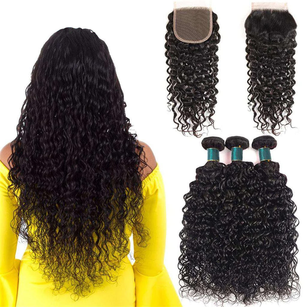 Water Wave 3 Bundles with Closure Ashimary 10A Brazilian Human Hair Natural Color