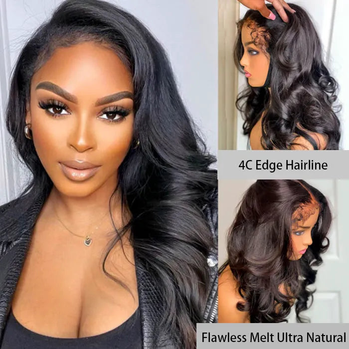 4C Edge Hairline-Body Wave 13x4/13x6 HD Invisible Lace Frontal Wigs With Kinky Edges Curly Baby Hair