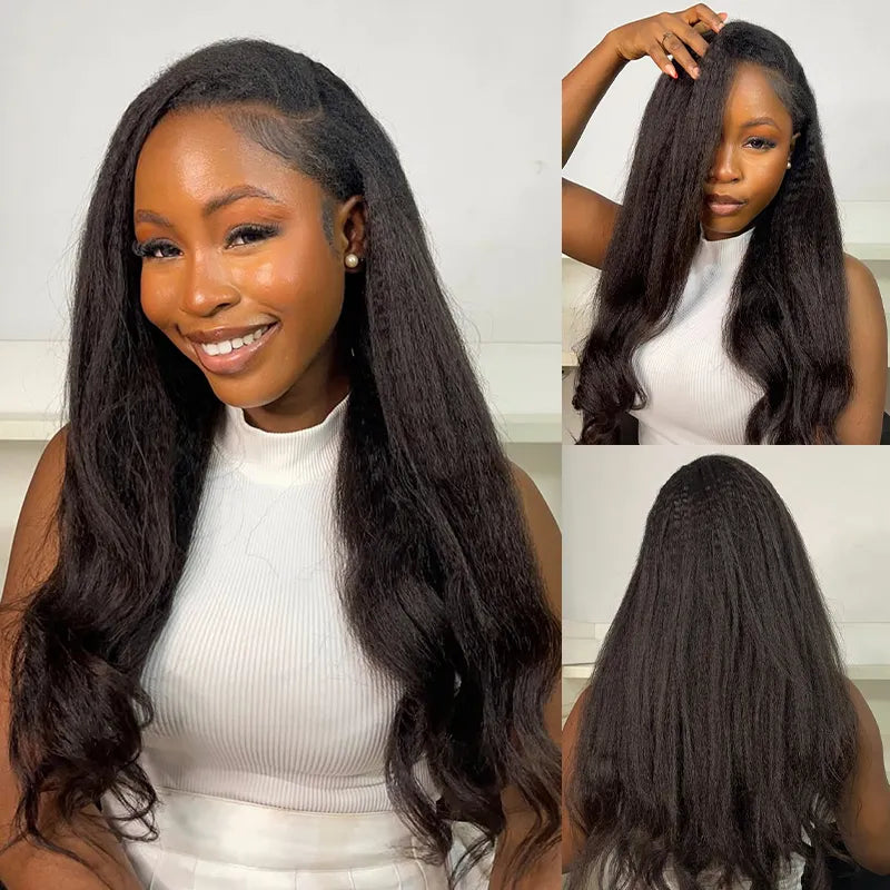 Yaki Straight Glueless Half Wig With Drawstring invisible Hairline Proctive Style 3 in 1 Beginner Friendly Wig