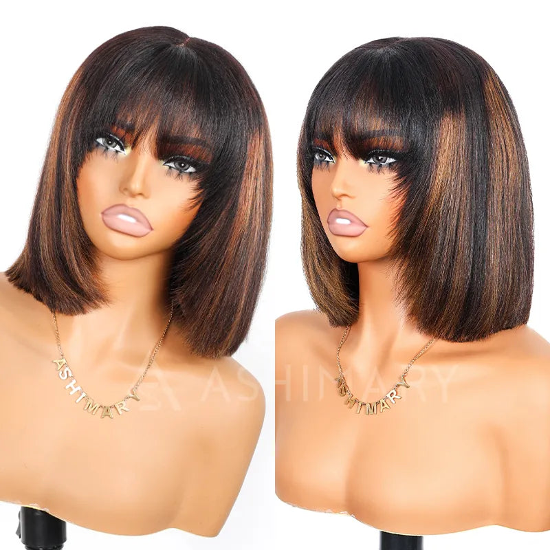 Put On and Go Black Brown Highlight Layered Cut Yaki Straight 3x1 Minimalist Lace Bob Wig With Bangs