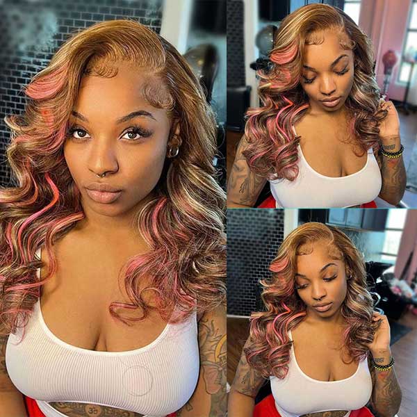 Ashimary Pink Highlights In Brown Hair 13x4 HD Transparent Lace Wig
