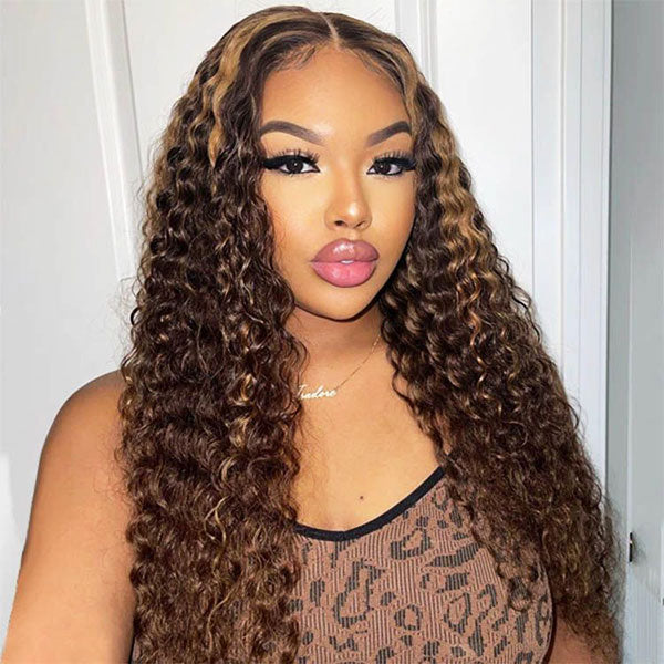 Ready to Wear Quick&Easy Wear Go Highlight Deep Wave 13x4 Lace Front Wig With Pre Bleach Knots & Plucked Hairline & Pre-cut lace