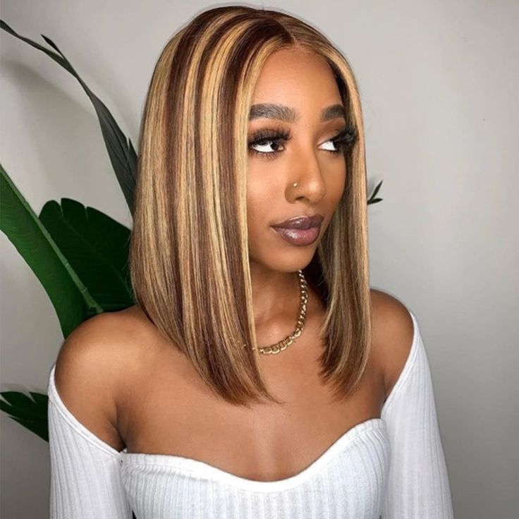 Double Drawn High Density Brown Highlight Bob Lace Wig Brazilian Human Hair
