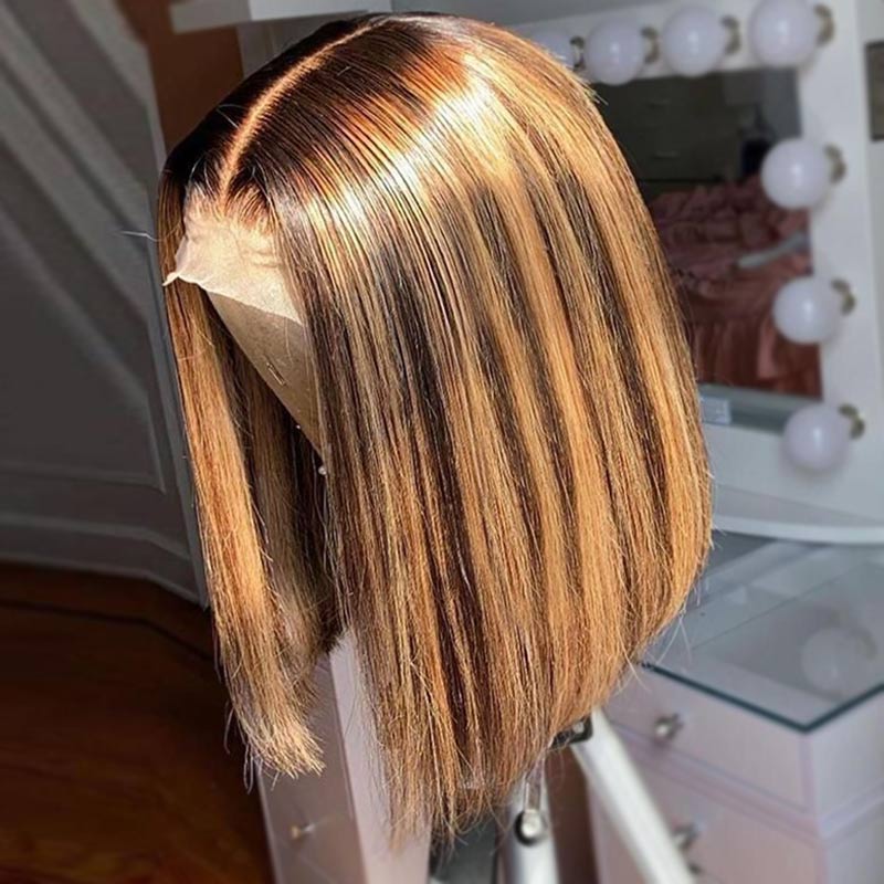 Double Drawn High Density Brown Highlight Bob Lace Wig Brazilian Human Hair