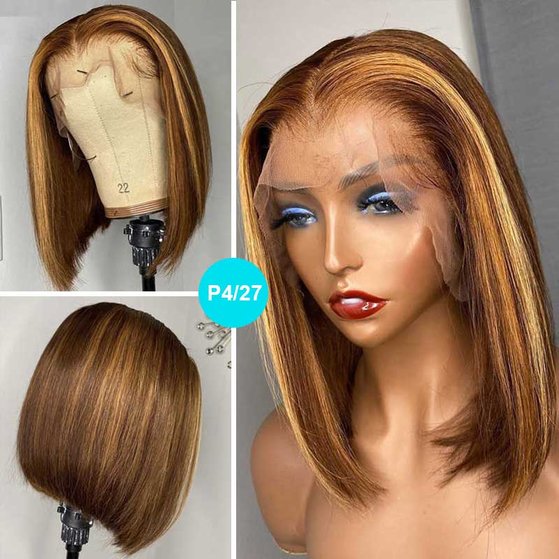 Double Drawn High Density Brown Highlight Bob Lace Wig Brazilian Human Hair