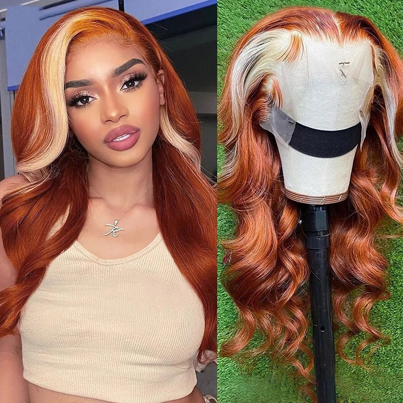 Ginger With Blonde Skunk Stripe Lace Front Wigs Body Wave Human Hair Wigs