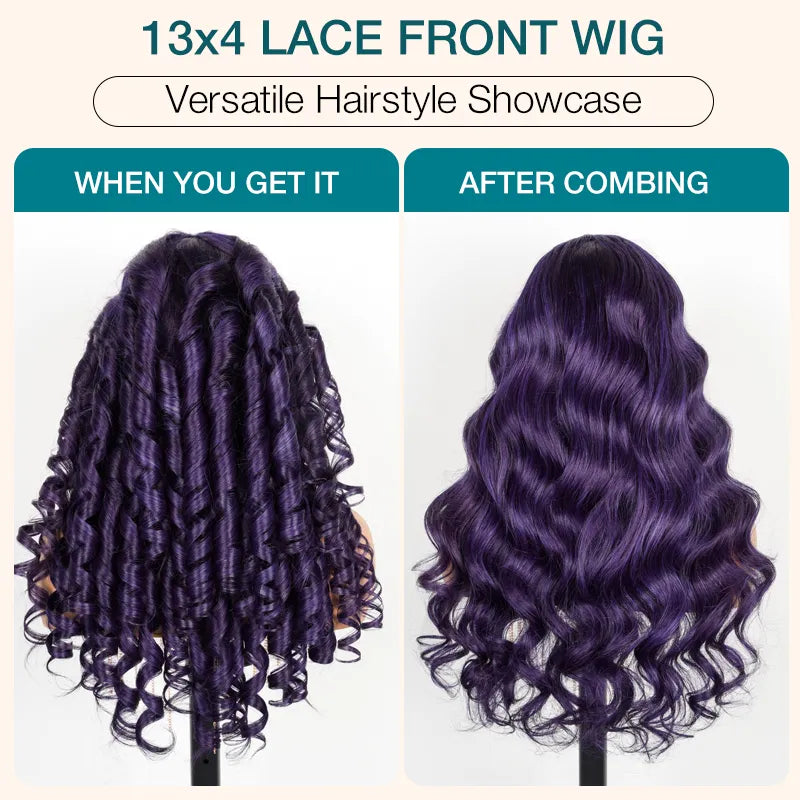 Dark Purple 3D Body Wave 13x4 Transparent Lace Frontal Wig Pre Plucked & Pre Curled Human Hair Wig