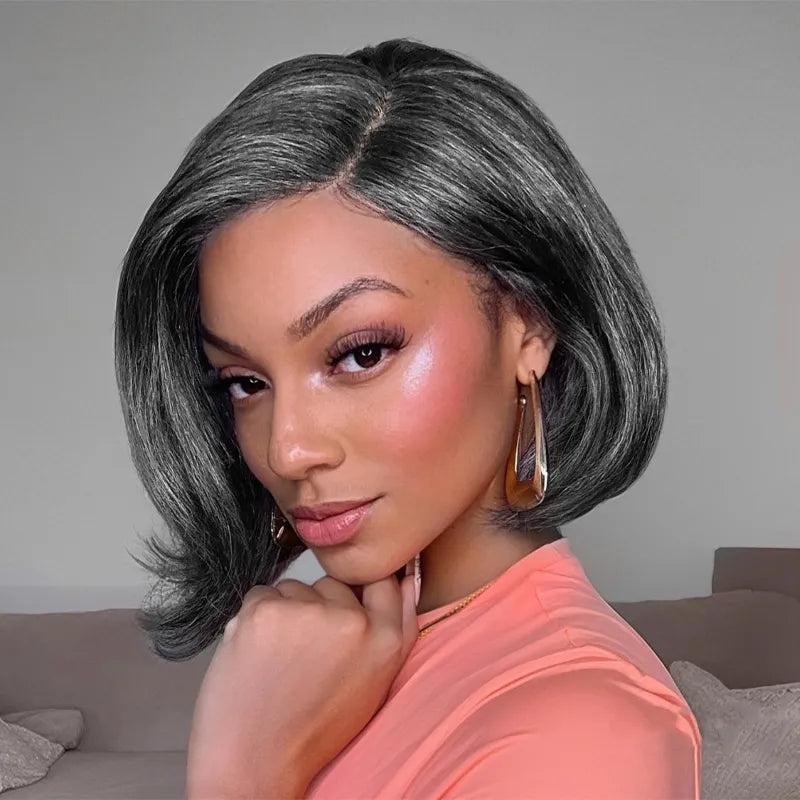 Salt and Pepper Pre-Styled Layered Cut Short Bob Wig Blowout Hairstyle Human Hair Wig
