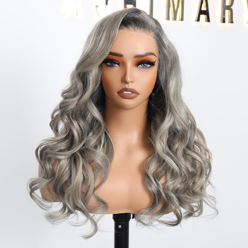 Grey and Blonde Balayage Glueless Pull Go Cap Beginner Friendly Bouncy Body Wave Lace Front Wig for Black Women
