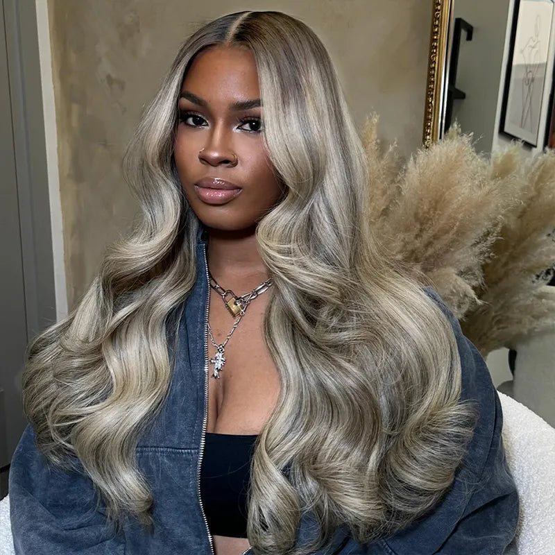 Grey and Blonde Balayage Glueless Pull Go Cap Beginner Friendly Bouncy Body Wave Lace Front Wig for Black Women