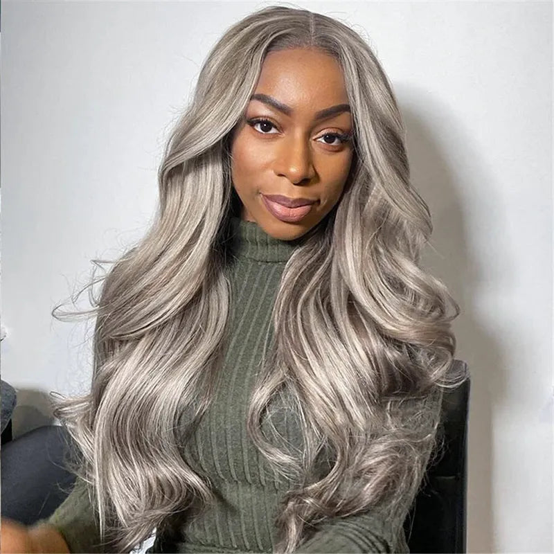 Grey and Blonde Balayage Glueless Pull Go Cap Beginner Friendly Bouncy Body Wave Lace Front Wig for Black Women