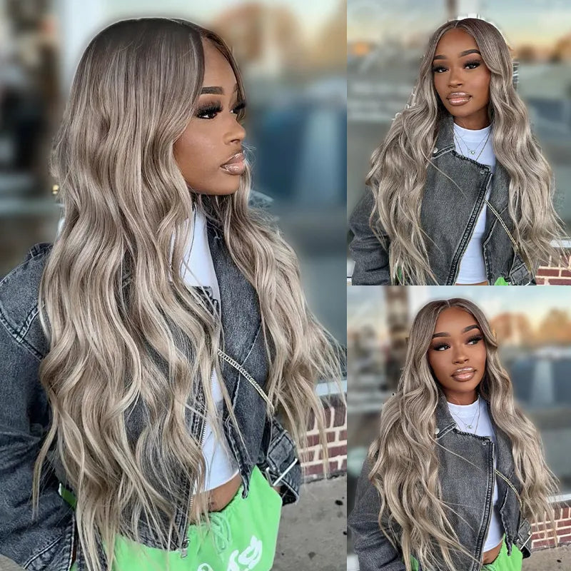 Grey and Blonde Balayage Glueless Pull Go Cap Beginner Friendly Bouncy Body Wave Lace Front Wig for Black Women